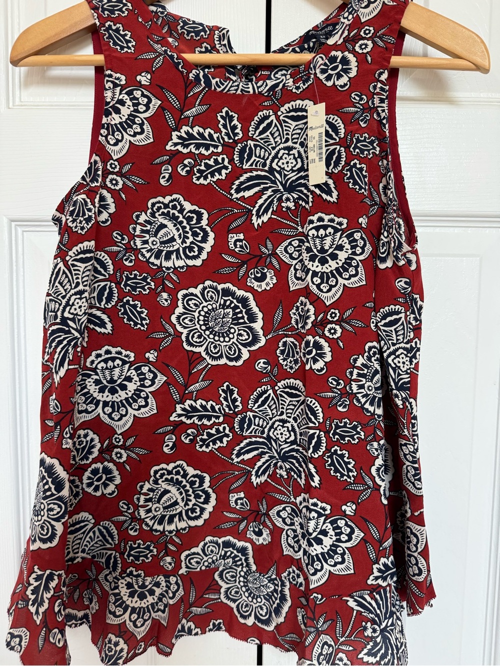 NWT Women’s Madewell Red Floral Scoop-Neck w/Tie Tank Size XS 100 % Silk